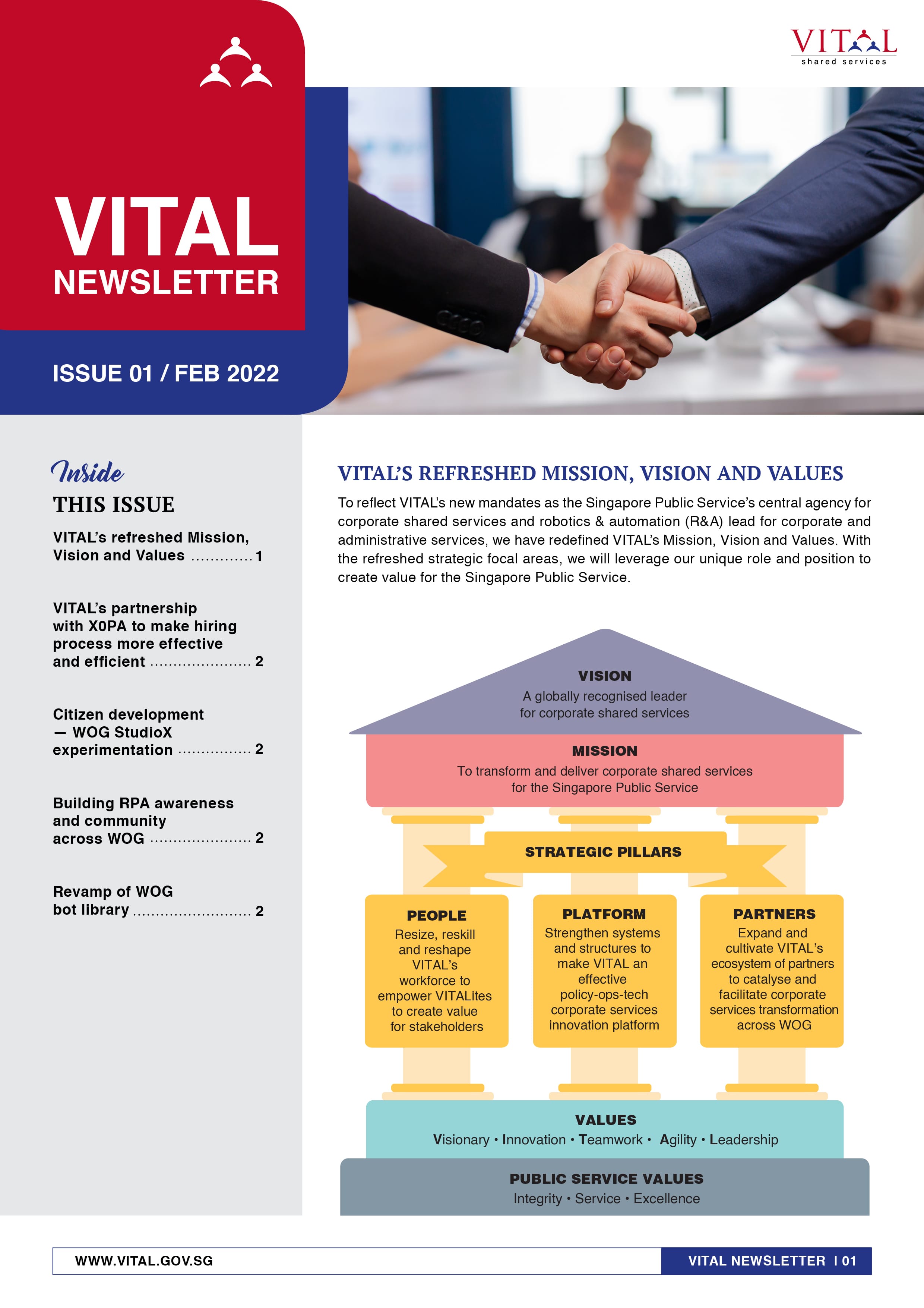 VITAL Shared Services Newsletter Issue 01 February 2022 cover with a handshake photo and mission framework diagram.
